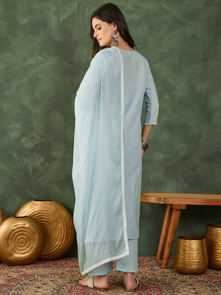 The52 Women's Beautiful Thread Work Cotton Blend Fabric Straight Kurta Pant and Dupatta Set