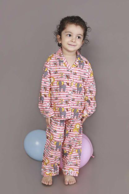 Breathables Kids Cotton Night Suit  Red & White Jungle Stripe Shirt & Pyjama Co-Ord Set For Boys & Girls