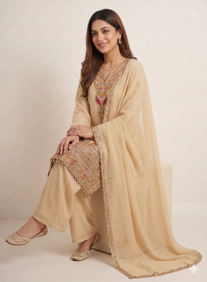 Teeya Creation Designer Beige Festive Palazzo Suit Set with Heavy Embroidery