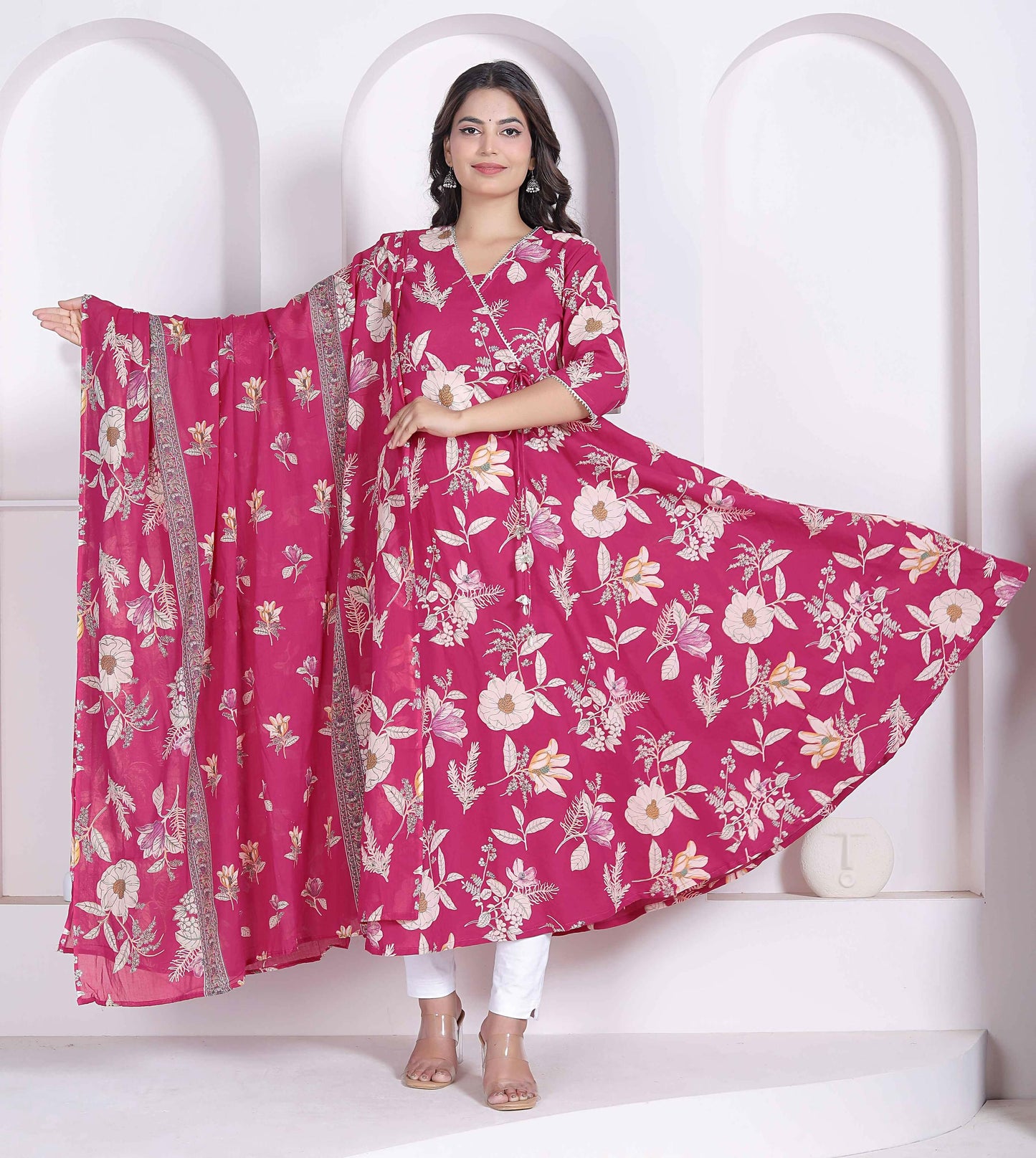Miravan Womens Pink Floral Printed Angrakha Kurta With Dupatta