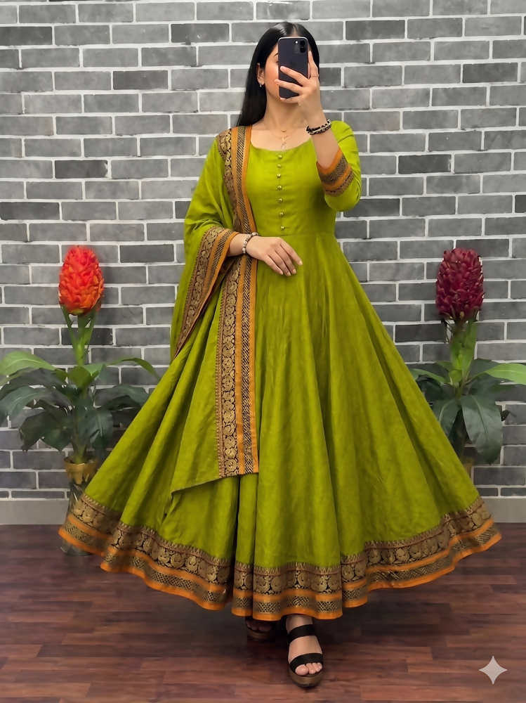 Teeya Creation New Trendy Stylish Olive Green Solid Anarkali Kurta with Traditional Golden Border Dupatta Set