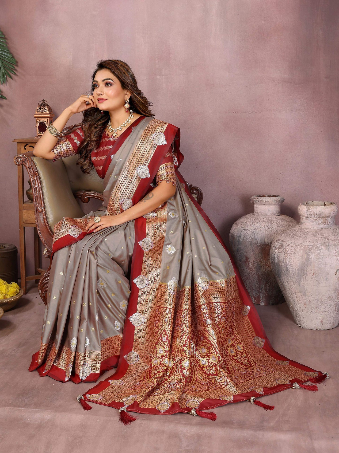 Aastha Fashion Grey Silk Sarees Weaving Saree