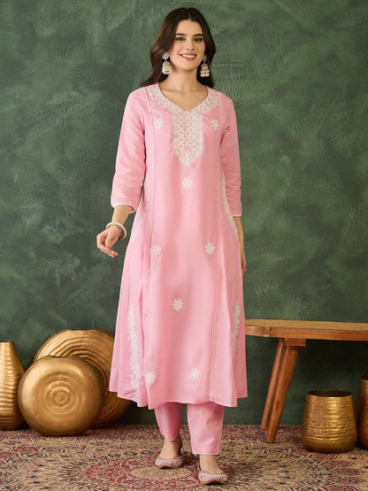 The52 Women's Beautiful Thread Work Cotton satin Fabric Flared Kurta Pant and Dupatta Set