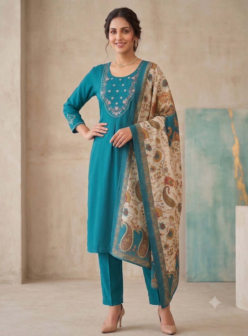 Teeya Creation Women Rama Green Embroidered Kurta Pant Set With Dupatta