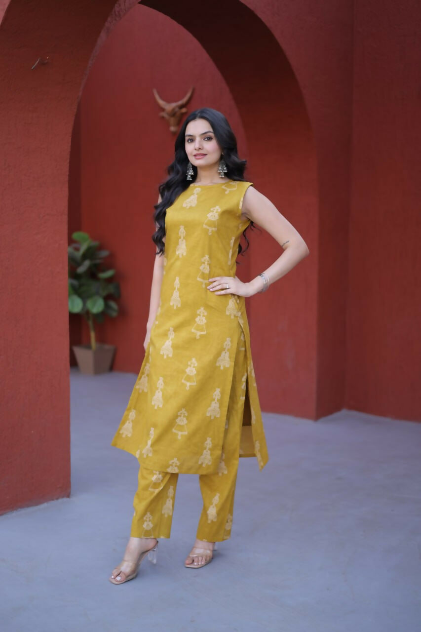 Teeya Creation Womens New Trendy Summer War Printed Cotton Gown Set-Yellow