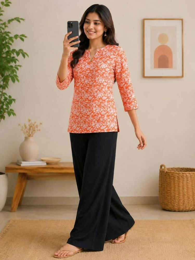 Teeya Creation Womens New Trendy Orange Floral Printed Short Kurti with Beige Palazzo Set