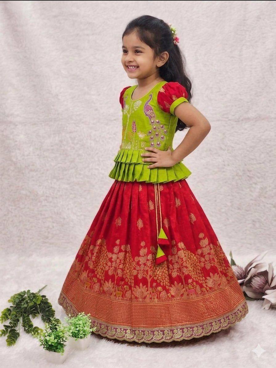Teeya Creation New Kids Red Color Little Deer Forest Fantasy Lehenga Choli Set -Green