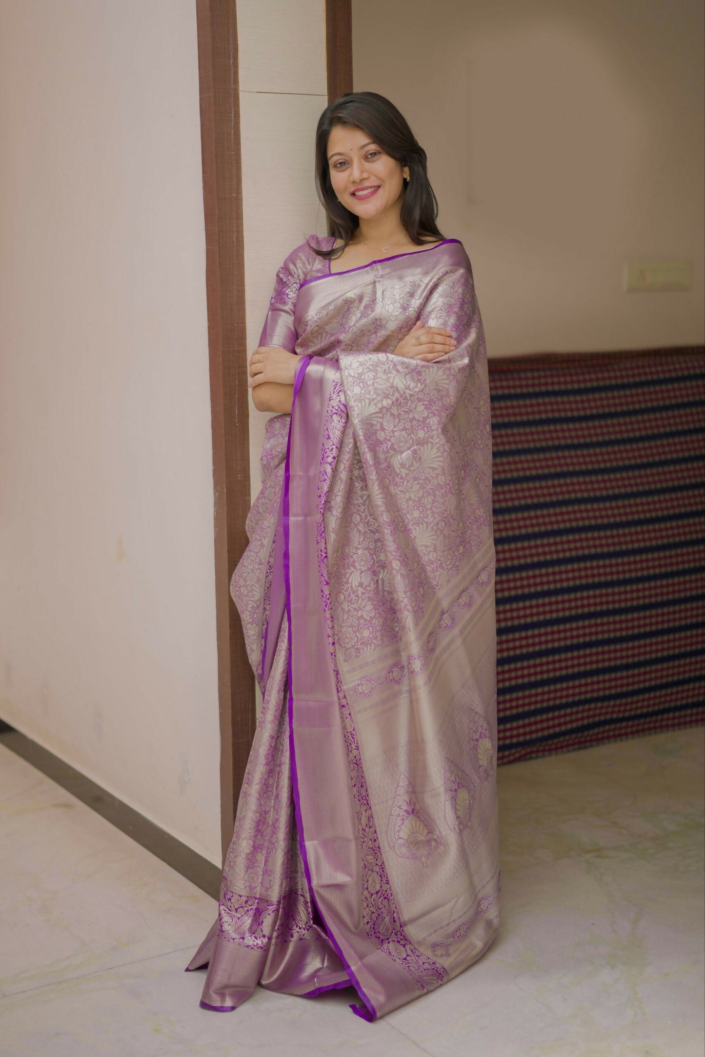 Prime Volt Bridal Kanchipuram Silk Saree with Rich Zari Weaving & Contrast Border-Purple