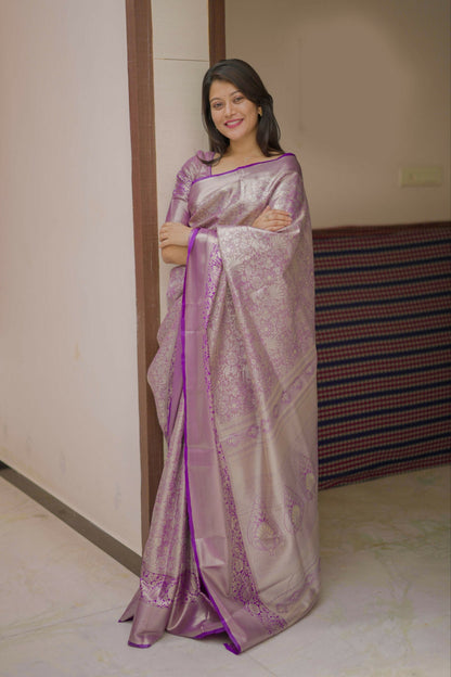 Prime Volt Bridal Kanchipuram Silk Saree with Rich Zari Weaving & Contrast Border-Purple