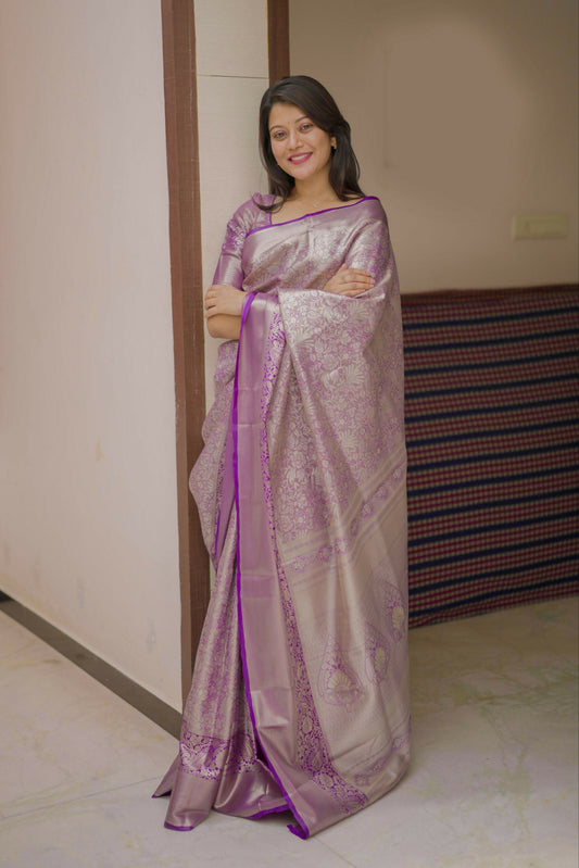 Prime Volt Bridal Kanchipuram Silk Saree with Rich Zari Weaving & Contrast Border-Purple