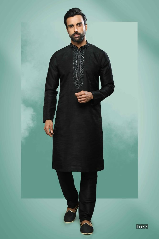 Raivat Ethnic Art Silk Mirror Embroidery Work Kurta Pajama In Black Colour