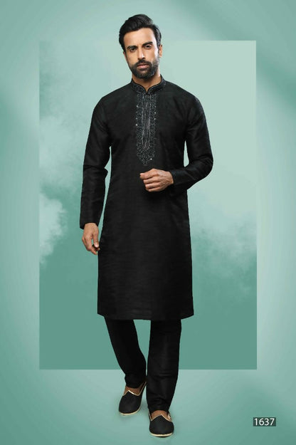 Raivat Ethnic Art Silk Mirror Embroidery Work Kurta Pajama In Black Colour