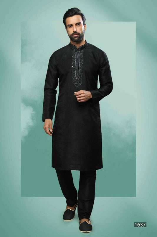 Raivat Ethnic Art Silk Mirror Embroidery Work Kurta Pajama In Black Colour