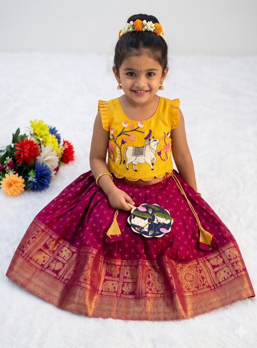 Teeya Creation New Trendy Designer Kids Girls Yellow & Red Silk Pichwai Cow Motif Lehenga Choli Set-Yellow
