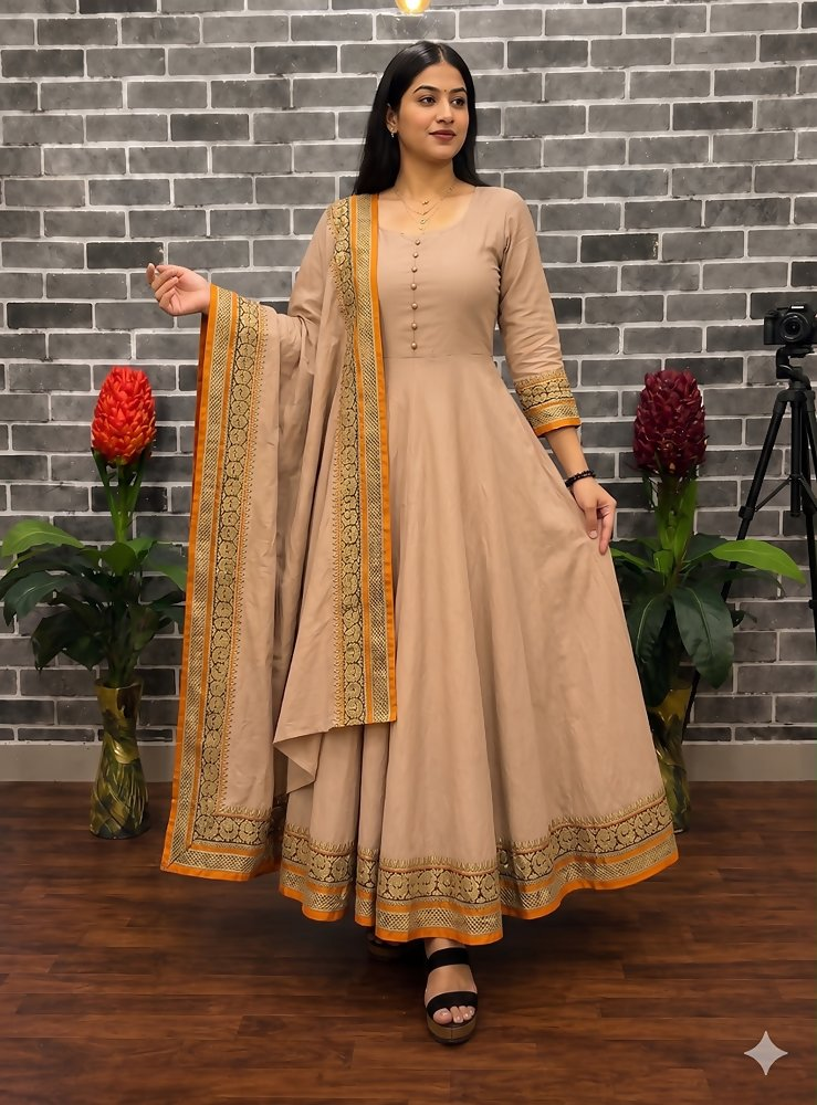 Teeya Creation New Trendy Stylish Cream Solid Anarkali Kurta with Traditional Golden Border Dupatta Set