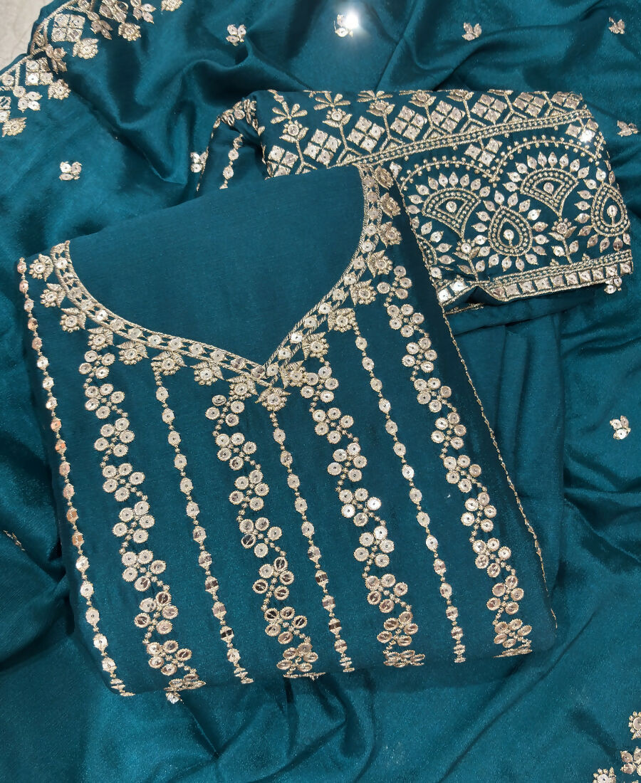 KC Latest Cocktail Wear Aqua Blue Chinon Sharara Suit For Women
