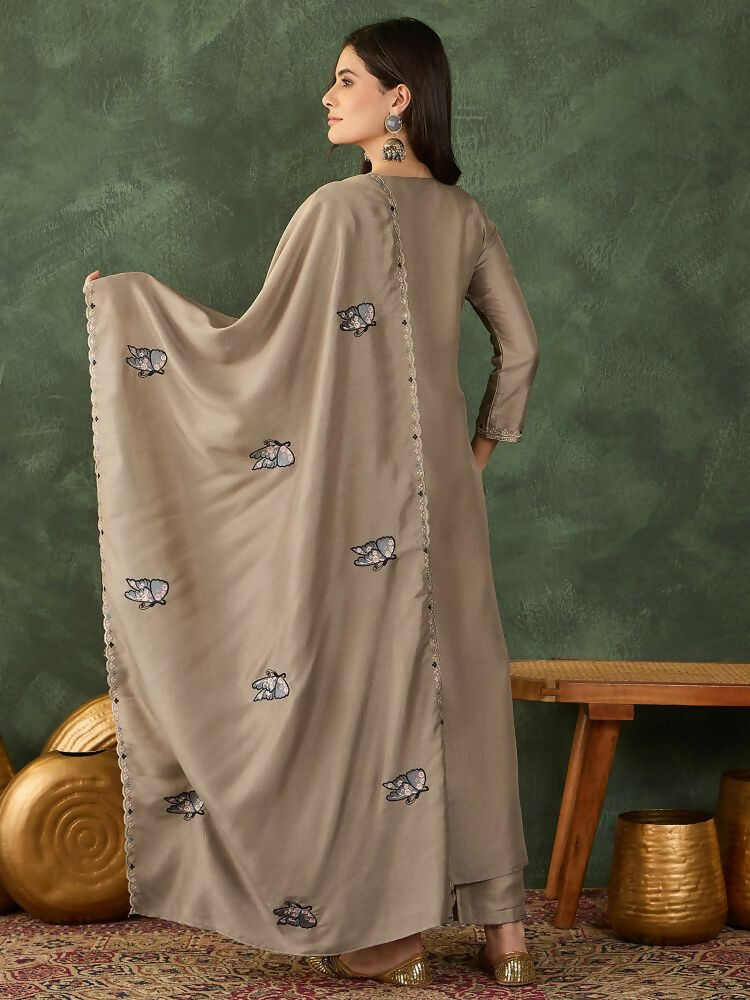 The52 Women's Gorgeous Embroidery Work Vichitra SIlk Fabric Flared Anarkali Pant and Dupatta Set