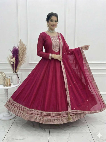 The52 Women's Gorgeous Embroidery Work Vichitra SIlk Fabric Flared Anarkali Dupatta Set