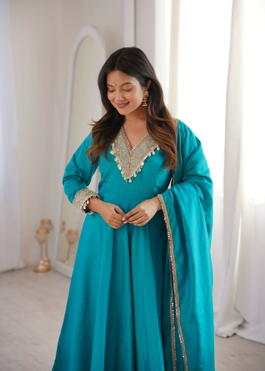 Teeya Creation New Womens Trendy Stylish Teal Blue Embroidered Silk Blend Anarkali Kurta With Pants & Dupatta Set