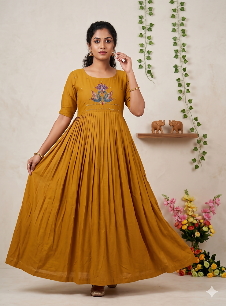 Teeya Creation Women's New Trendy Mustard Pleated Maxi Dress with Intricate Peacock Beadwork