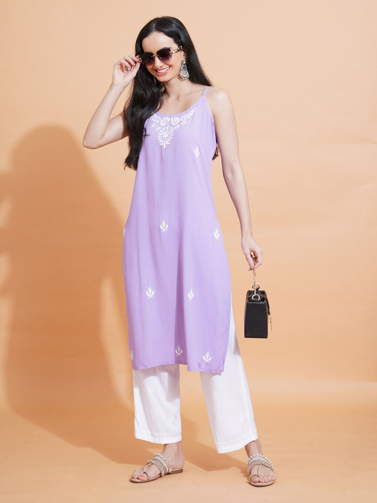 Pahnaz Luxury Rayon Chikankari Sleeveless Long Kurti-Lavender