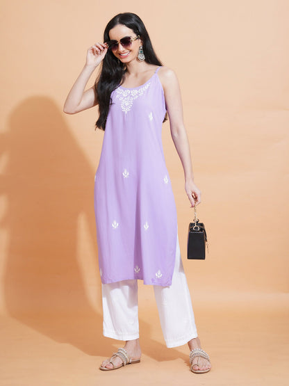 Pahnaz Luxury Rayon Chikankari Sleeveless Long Kurti-Lavender