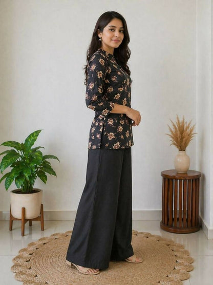 Teeya Creation Women Black & Beige Floral Printed Cotton Kurti with Black Wide-Leg Palazzo Set