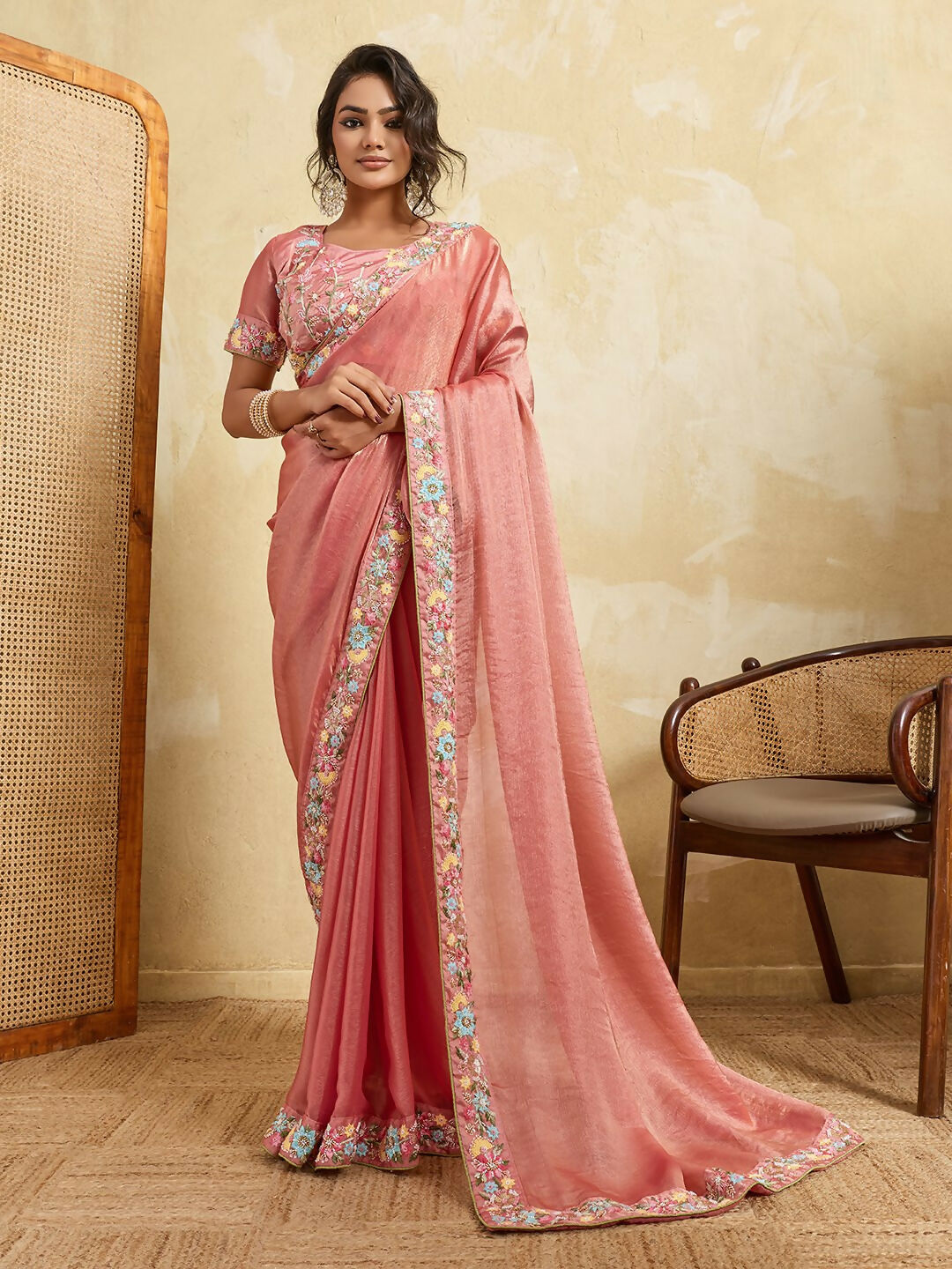 Teeya Creation New Stylish Trendy Party Wear Saree-Peach