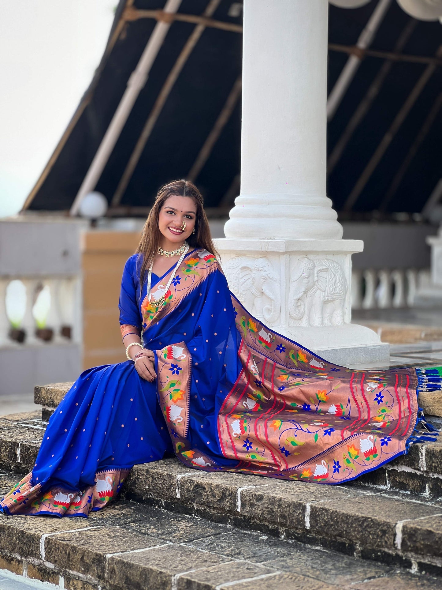 Mameraa Sarees Blue Faux Banarasi Silk Saree With Paithani Rich Weaved Pallu And Blouse-Blue