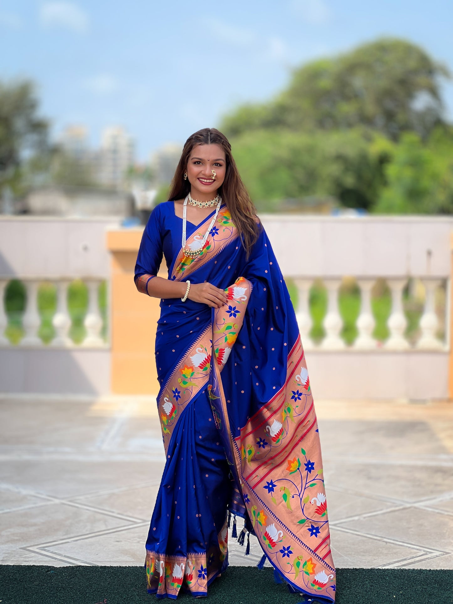 Mameraa Sarees Blue Faux Banarasi Silk Saree With Paithani Rich Weaved Pallu And Blouse-Blue