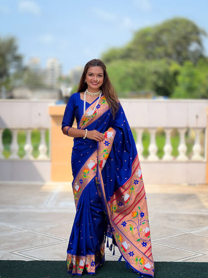 Mameraa Sarees Blue Faux Banarasi Silk Saree With Paithani Rich Weaved Pallu And Blouse-Blue