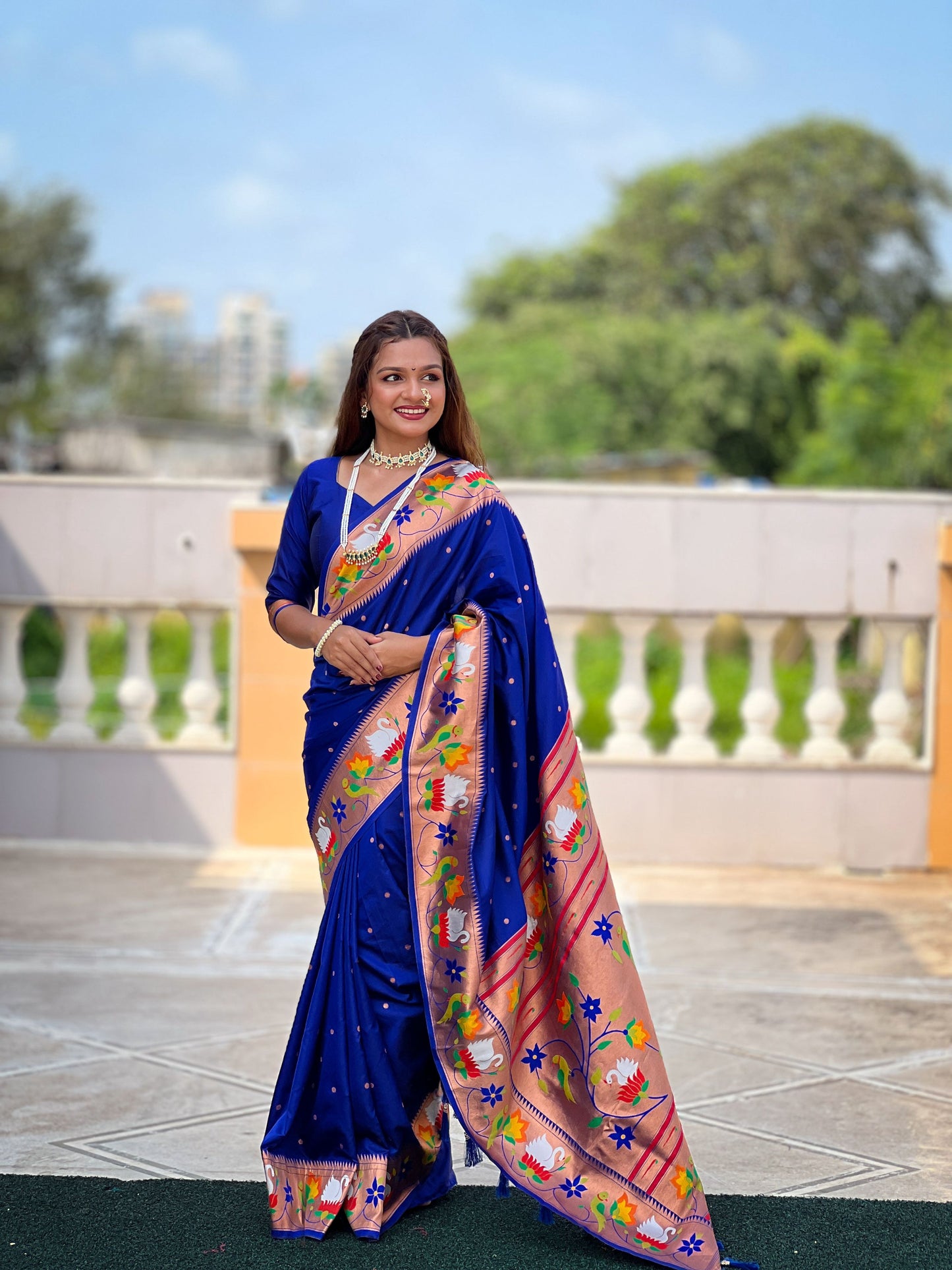 Mameraa Sarees Blue Faux Banarasi Silk Saree With Paithani Rich Weaved Pallu And Blouse-Blue