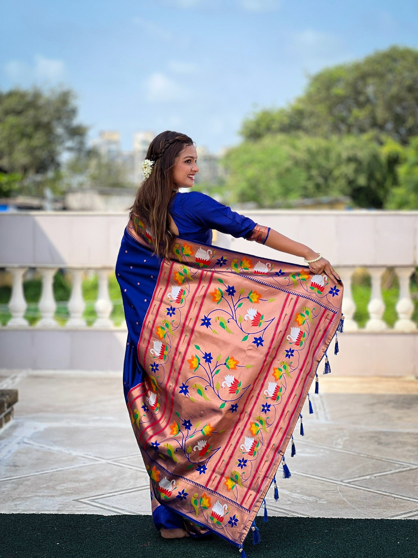 Mameraa Sarees Blue Faux Banarasi Silk Saree With Paithani Rich Weaved Pallu And Blouse-Blue