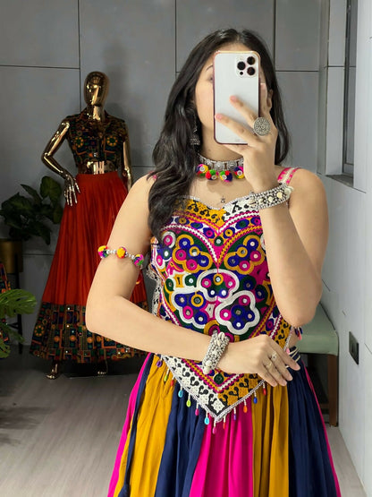 Yash Enterprise Multi Color Rayon Cotton Embroidery Semi Stitched Navratri Top Chaniya Choli