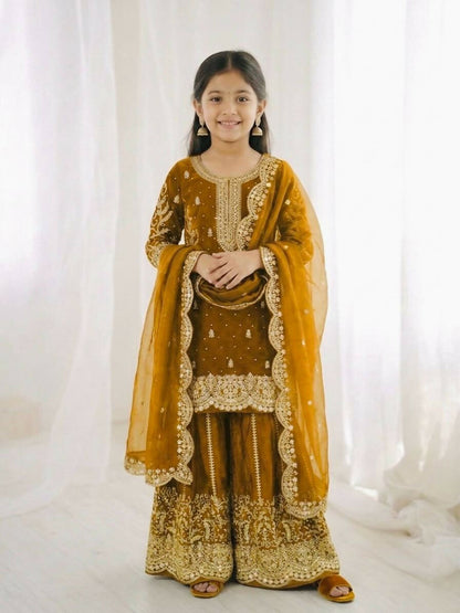 Teeya Creation New Trendy Fully Stitched Ready to Wear Kids Kurta Palazzo Set-Yellow