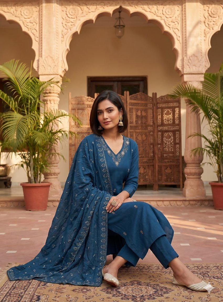 Teeya Creation Ready-To-Wear Dark Blue Chinon Salwar Suit Set With Thread And Sequence Work Set