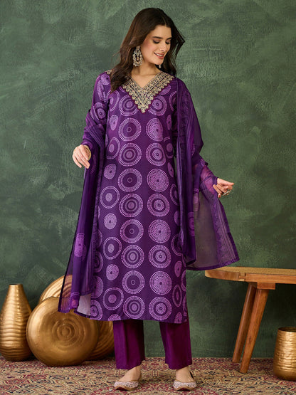 The52 Women's Gorgeous Rayon Embroidery Straight Kurta with Pant And Dupatta Set-Purple
