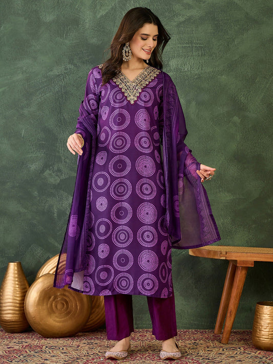 The52 Women's Gorgeous Rayon Embroidery Straight Kurta with Pant And Dupatta Set-Purple