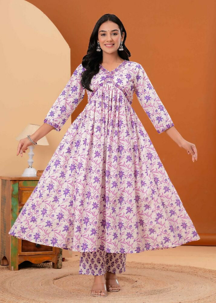 Jaimini Women Cotton Printed V-Neck 3/4 Sleeves Calf Length Alia Cut Kurta Pant And Dupatta Set