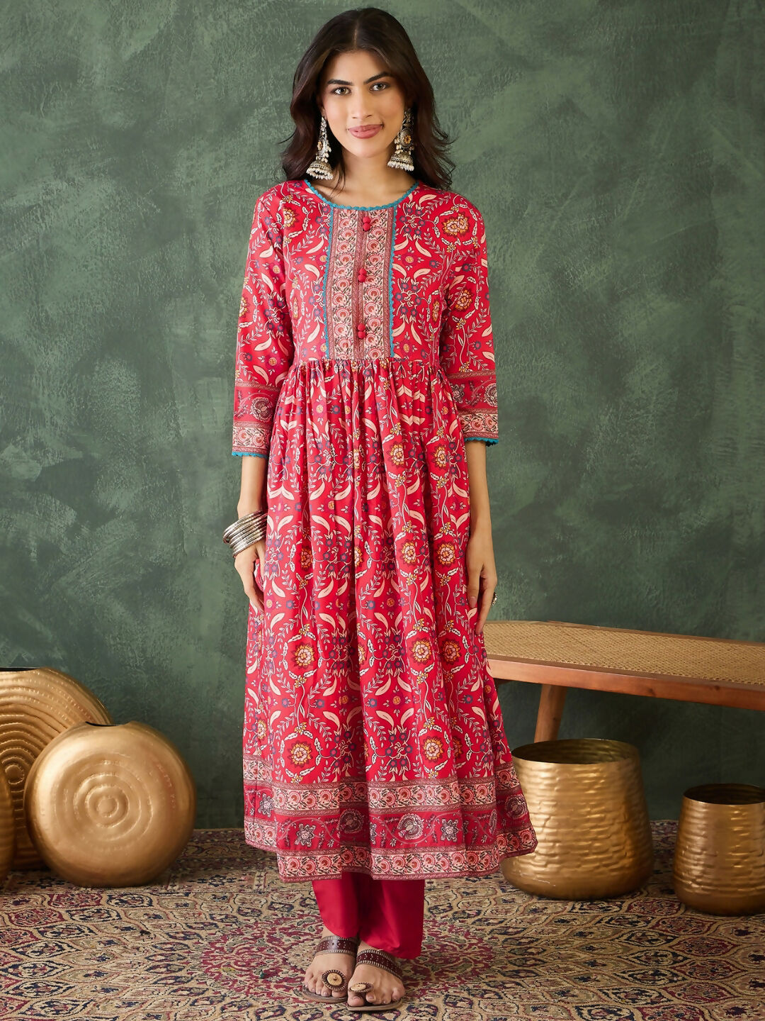 The52 Women's Beautiful Printed Work Rayon Fabric Flared Kurta Pant and Dupatta Set-Red