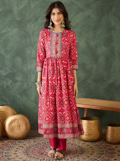 The52 Women's Beautiful Printed Work Rayon Fabric Flared Kurta Pant and Dupatta Set-Red