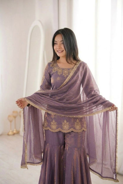 Teeya Creation Womens New Fancy Embroidery Sequence Work With Zarkan Diamond Work Lavender Kurta Set
