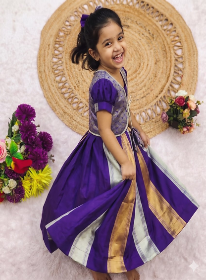 Teeya Creation Latest Designer Girls Royal Purple Silk Pattu Pavadai Lehenga Choli Set With Brocade Koti-Purple