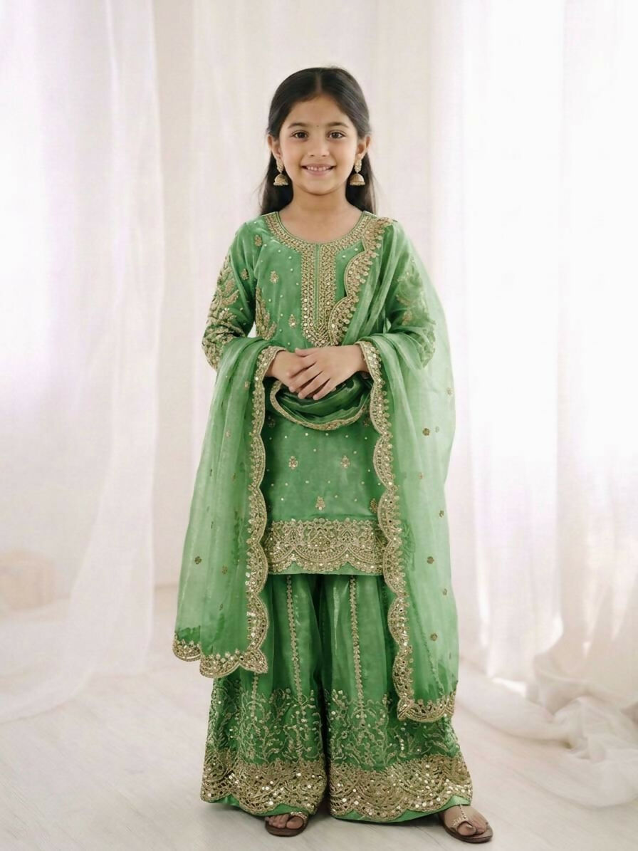 Teeya Creation New Trendy Fully Stitched Ready to Wear Kids Kurta Palazzo Set-Green