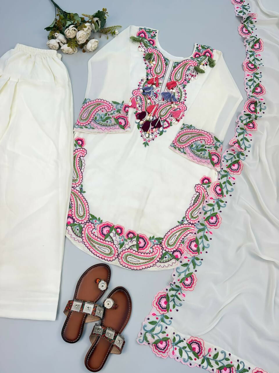Teeya Creation Off-White Silk Pakistani Suit With Pink Embroidery And Dupatta Set