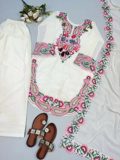 Teeya Creation Off-White Silk Pakistani Suit With Pink Embroidery And Dupatta Set