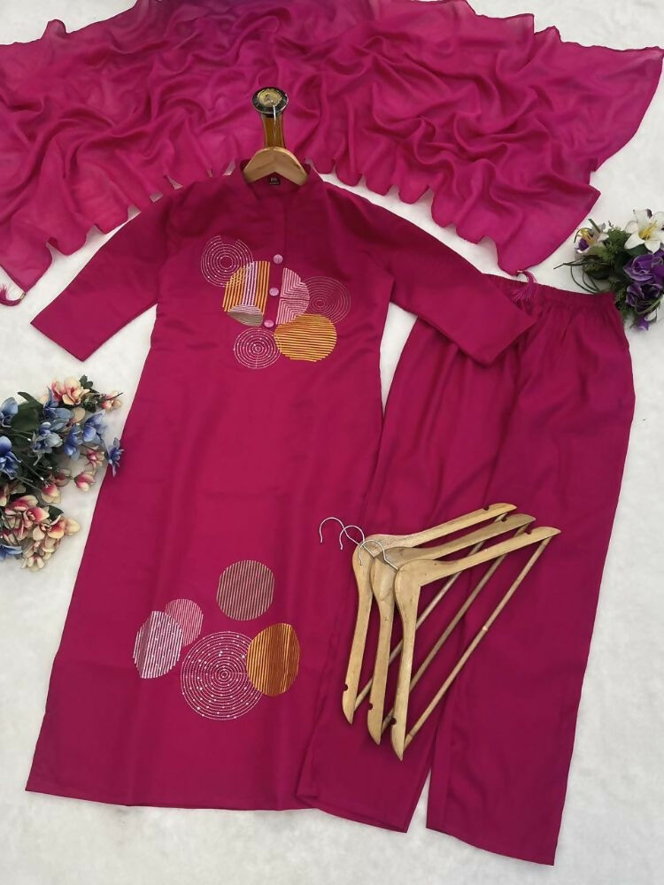 Teeya Creation Women Pink Geometric Embroidered Straight Kurta with Pants and Dupatta Set