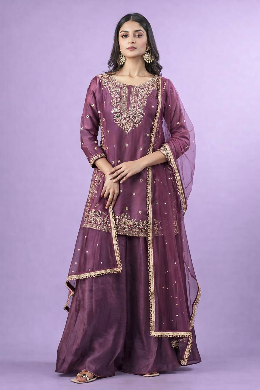 Teeya Creation New Trendy Womens Wedding Wear Kurta Palazzo Set - Pink