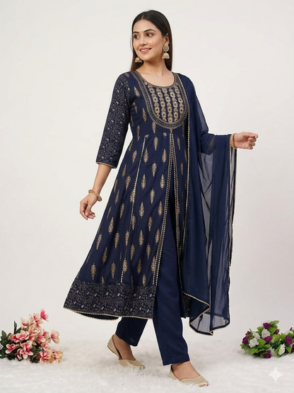 Teeya Creation Women's Navy Blue Fully Stitched Ethnic Kurta With Pant And Dupatta