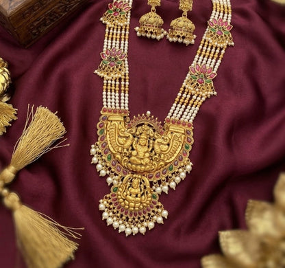 Jewel City Gold Temple Jewelry Set with Long Haram Necklace & Jhumka Earrings | South Indian Bridal Wedding Jewelry